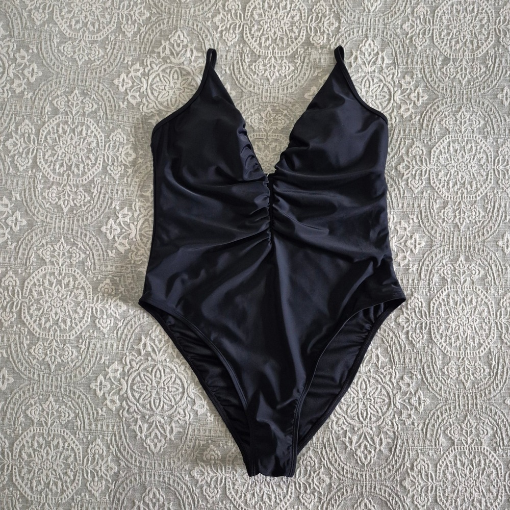 Cupshe Black Ruched Deep V-Neck One Piece Swimsuit High Cut Slim Straps XL